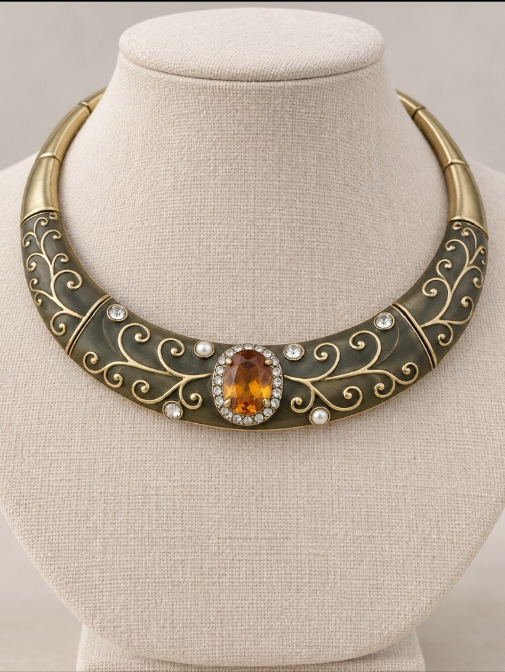 Vintage Cleopatra Collar Necklace Amber Rhinestone Statement Bib Scroll Choker